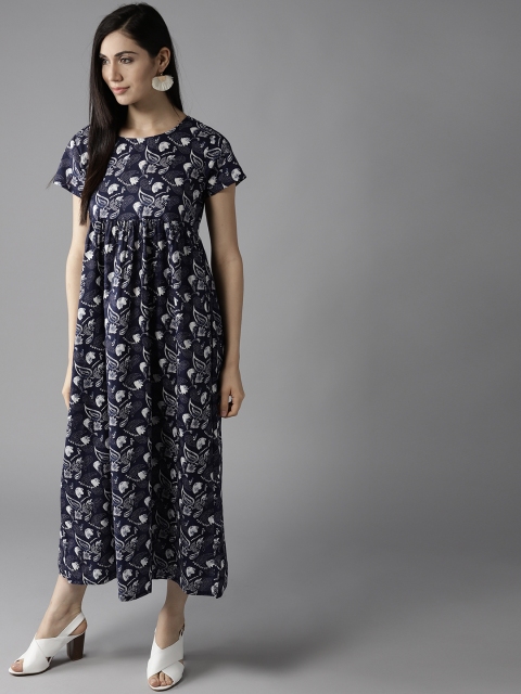 

HERE&NOW Women Navy Blue & White Printed Maxi Dress
