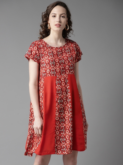 

HERE&NOW Women Orange Printed A-Line Dress