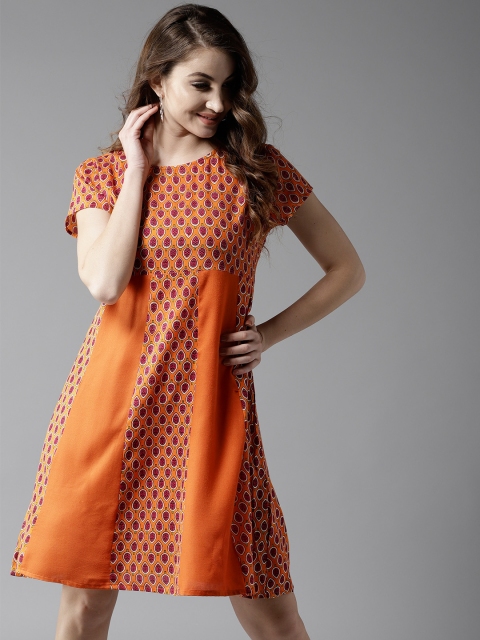 

HERE&NOW Women Orange Printed A-Line Dress