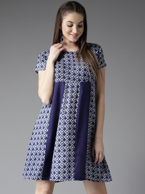 

HERE&NOW Women Blue & White Printed A-Line Dress