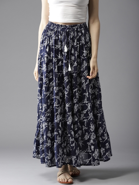 

HERE&NOW Navy Blue & Off-White Floral Print Maxi Tiered Skirt