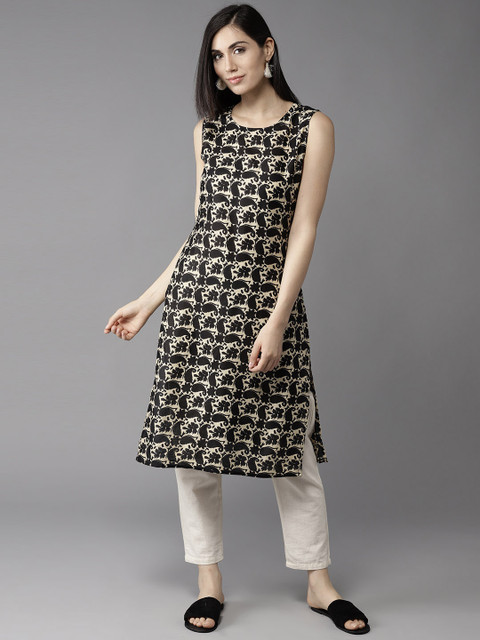 

HERE&NOW Women Black & Beige Printed Straight Kurta