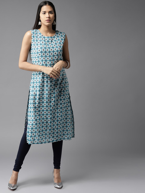 

HERE&NOW Women White & Teal Blue Printed Straight Kurta