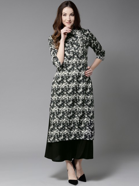 

HERE&NOW Women Black & Grey Printed Straight Kurta