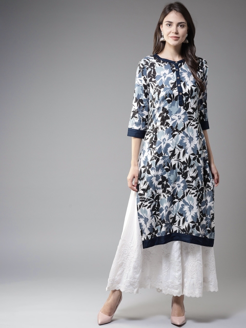 

HERE&NOW Women Blue & Black Floral Printed Straight Kurta