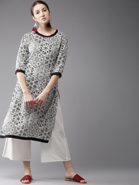 

HERE&NOW Women White & Black Printed Straight Kurta