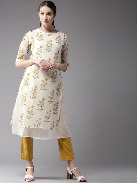 

Moda Rapido Women White & Mustard Yellow Printed Layered A-Line Kurta