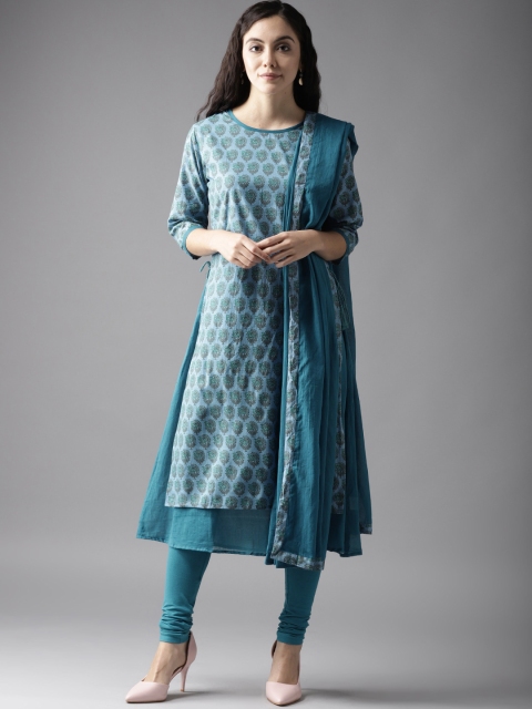 

Moda Rapido Women Blue Printed Kurta with Churidar & Dupatta