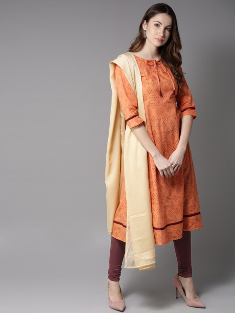 

Moda Rapido Women Orange & Burgundy Printed Kurta with Churidar & Dupatta