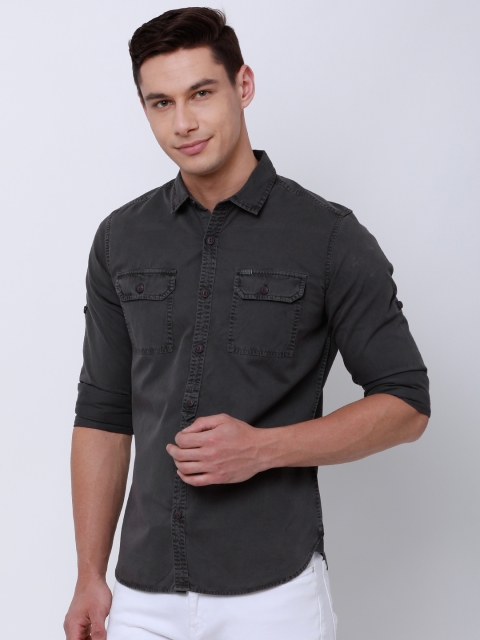 

LOCOMOTIVE Men Grey Slim Fit Solid Casual Shirt