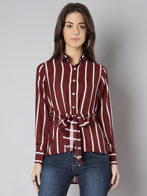 

FabAlley Women Maroon & White Regular Fit Striped Casual Shirt