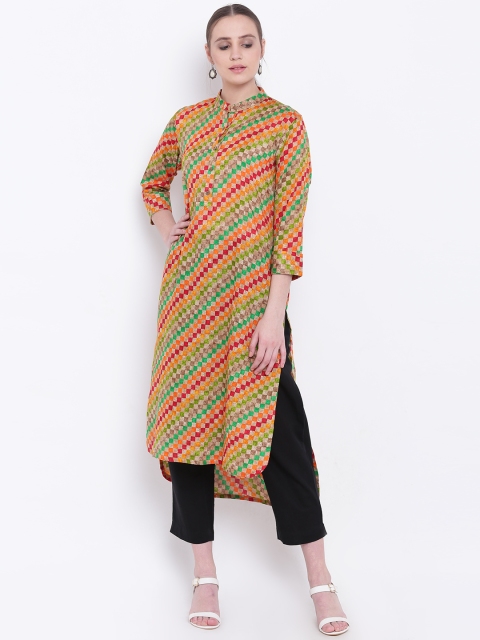 

Jashn Women Beige & Green Checked Straight High-Low Kurta