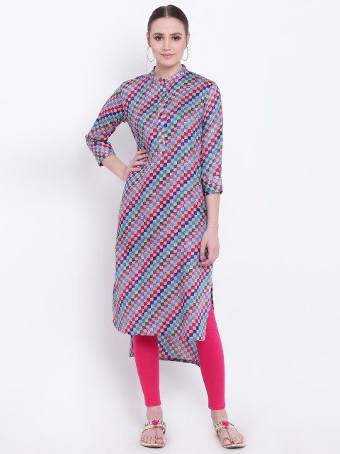 

Jashn Women Beige & Pink Checked High-Low Straight Kurta