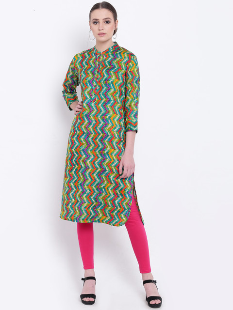 

Jashn Women Green & Orange Printed Straight Kurta