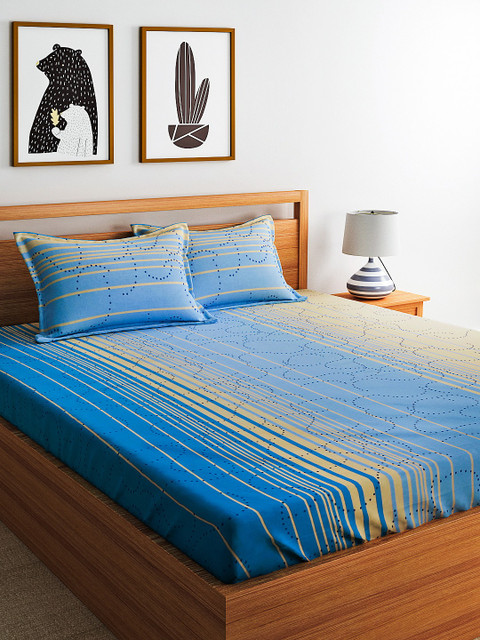 

Home Ecstasy Blue Striped Flat 140 TC Cotton 1 Queen Bedsheet with 2 Pillow Covers