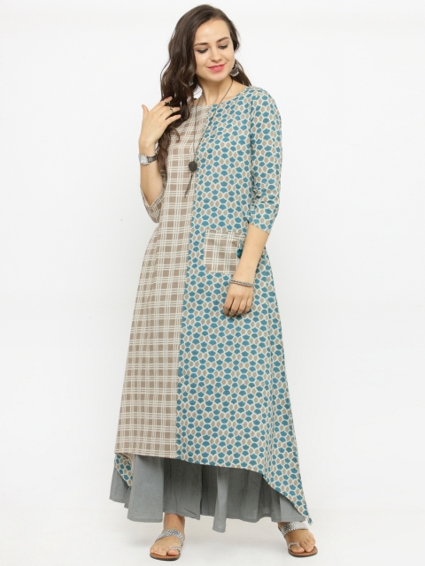 

Varanga Women Taupe & Teal Printed Kurta with Palazzos