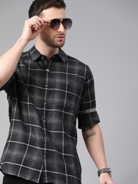 

WROGN Men Black & White Slim Fit Checked Casual Shirt