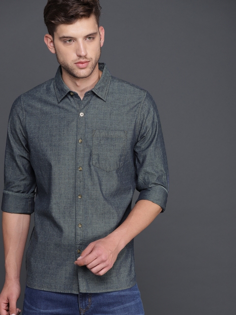 

WROGN Men Navy Slim Fit Self Design Casual Shirt, Navy blue