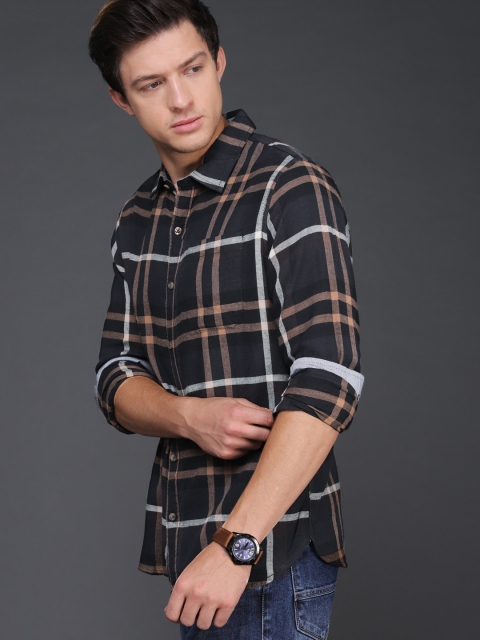 

WROGN Men Black & Brown Slim Fit Checked Casual Shirt