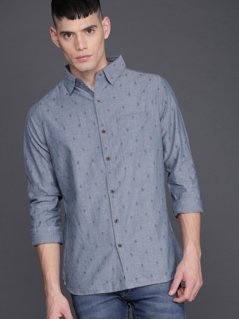 

WROGN Men Blue Slim Fit Self Design Casual Shirt