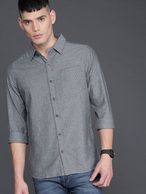 

WROGN Men Blue Slim Fit Self Design Casual Shirt