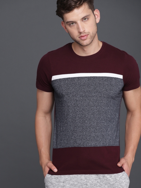 

WROGN Men Maroon & Grey Colourblocked Round Neck T-shirt