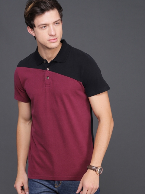 

WROGN Men Maroon & Black Slim Fit Colourblocked Polo Collar T-shirt