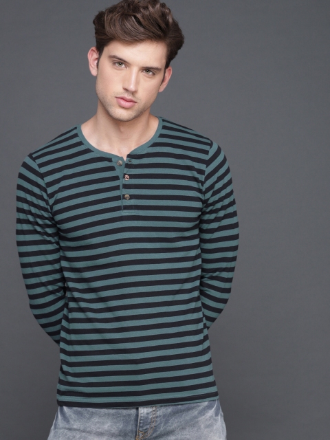 

WROGN Men Teal Striped Henley Neck T-shirt