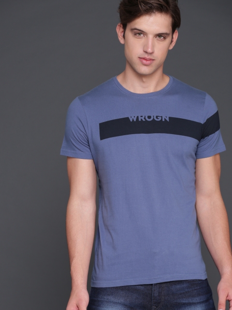 

WROGN Men Blue Printed Slim Fit Round Neck T-shirt