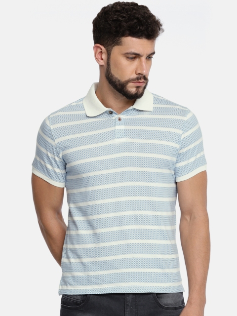 

WROGN Men Blue & Off-White Striped Polo T-shirt