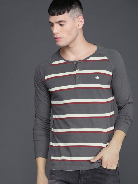 

WROGN Men Grey Striped Henley Neck T-shirt