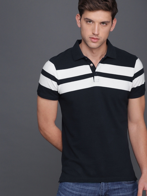 

WROGN Men Navy Blue & White Striped Polo Collar Slim Fit T-shirt