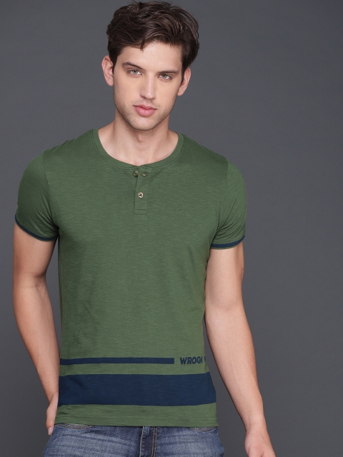 

WROGN Men Olive Colourblocked Solid Henley Neck Slim Fit T-shirt