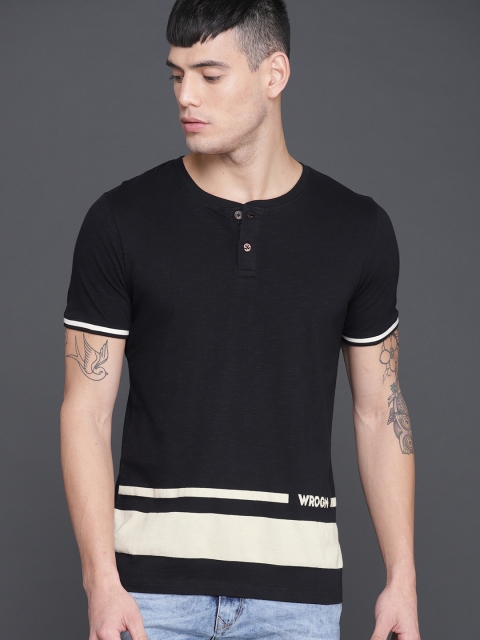 

WROGN Men Black Colourblocked Henley Neck Slim Fit T-shirt