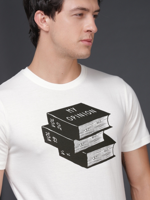 

WROGN Men Off-White & Black Printed Round Neck T-shirt