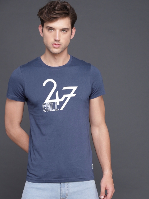 

WROGN Men Blue Printed Round Neck T-shirt