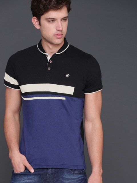 

WROGN Men Black & Blue Polo Collar Slim Fit T-shirt