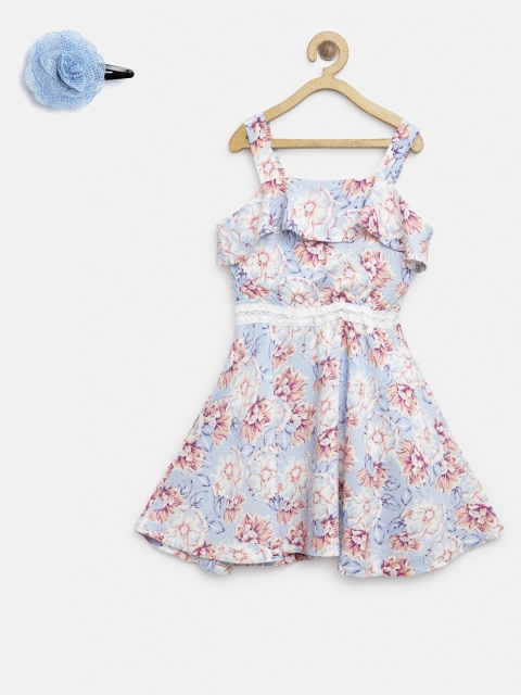 

Gini and Jony Girls Blue & Peach-Coloured Printed Fit & Flare Dress