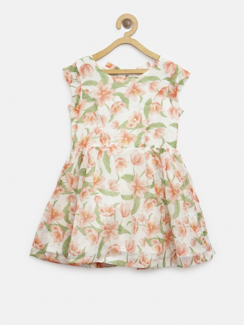

Gini and Jony Girls White & Peach-Coloured Printed Fit and Flare Dress