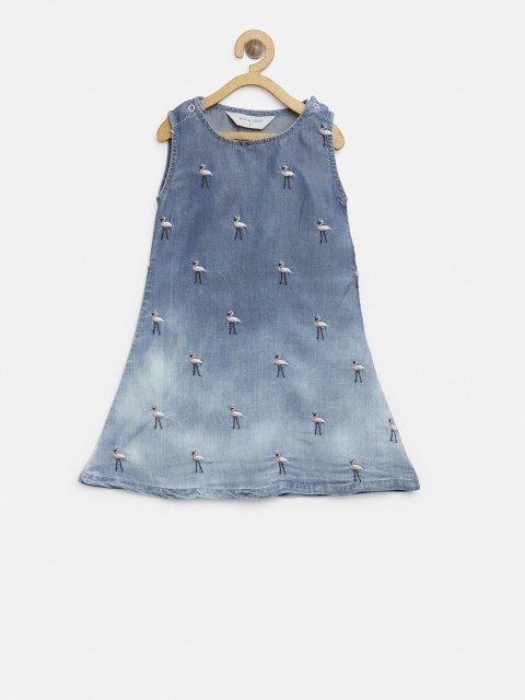 

Gini and Jony Girls Blue Denim Embroidered A-Line Dress