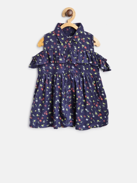 

Palm Tree Girls Blue Printed Cold-Shoulder Fit and Flare Dress