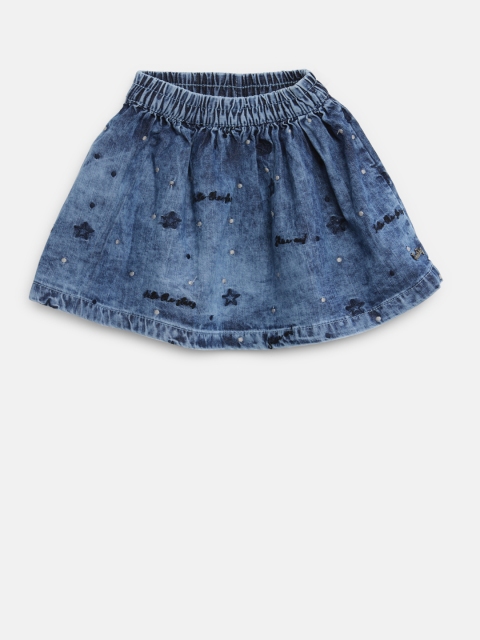 

Gini and Jony Girls Blue Embroidered Washed Denim A-Line Pure Cotton Skirt
