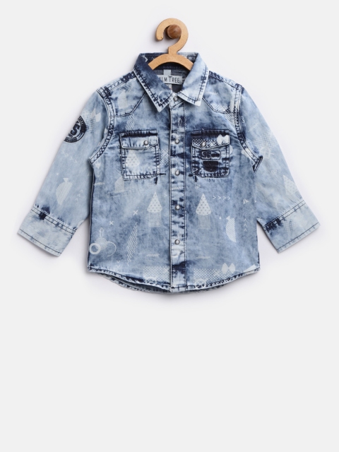 

Palm Tree Boys Blue Regular Fit Printed Denim Casual Shirt