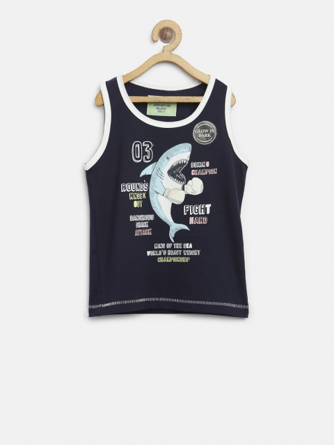 

Gini and Jony Boys Navy Blue Printed Glow-In-The-Dark Sleeveless Round Neck T-shirt