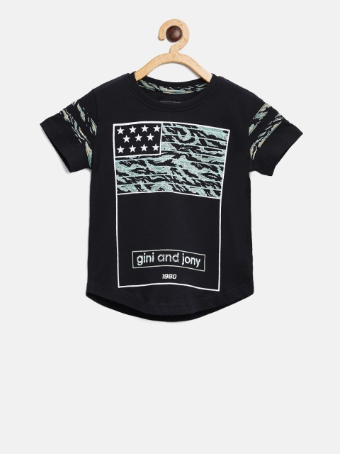 

Gini and Jony Boys Black Printed Round Neck Pure Cotton T-shirt