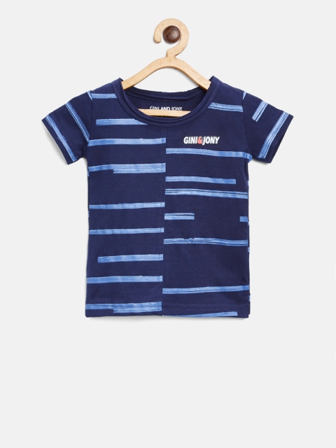 

Gini and Jony Boys Navy Blue Striped Round Neck T-shirt