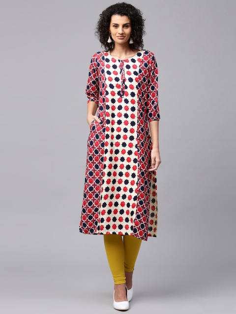 

Shree Women Cream-Coloured & Red Printed Straight Kurta