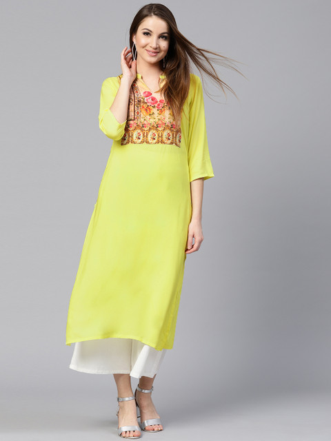 

Shree Women Yellow Yoke Design Straight Kurta