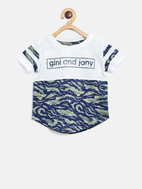 

Gini and Jony Boys White & Navy Blue Printed Round Neck T-shirt