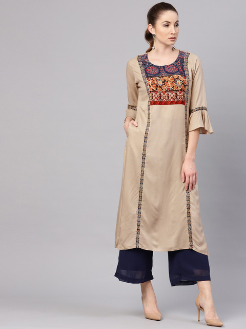 

Shree Women Beige & Navy Yoke Design Straight Kurta